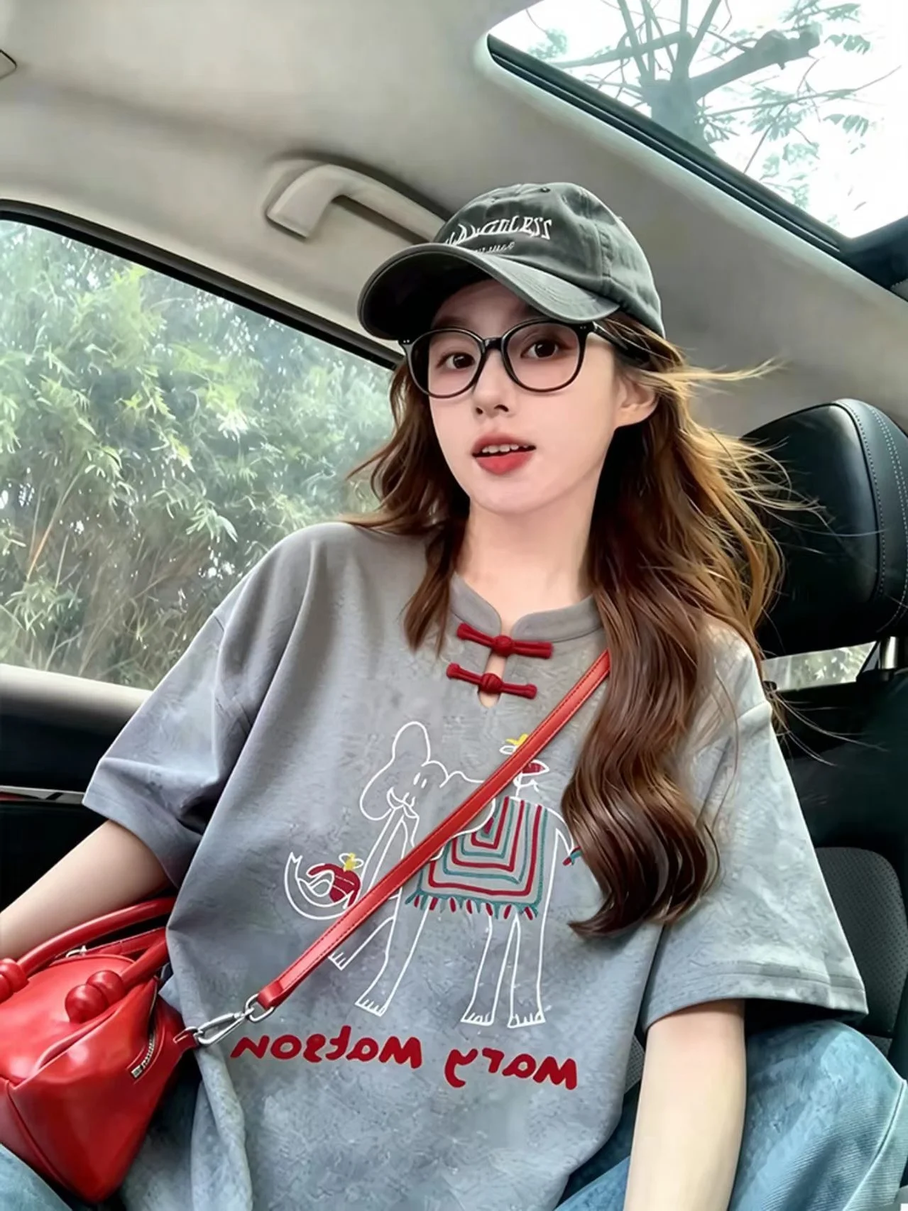 

Gray Elephant Short Sleeve T-Shirt Women's Summer Color Block Retro Loose Casual Top Korean Style Vintage Anti-aging