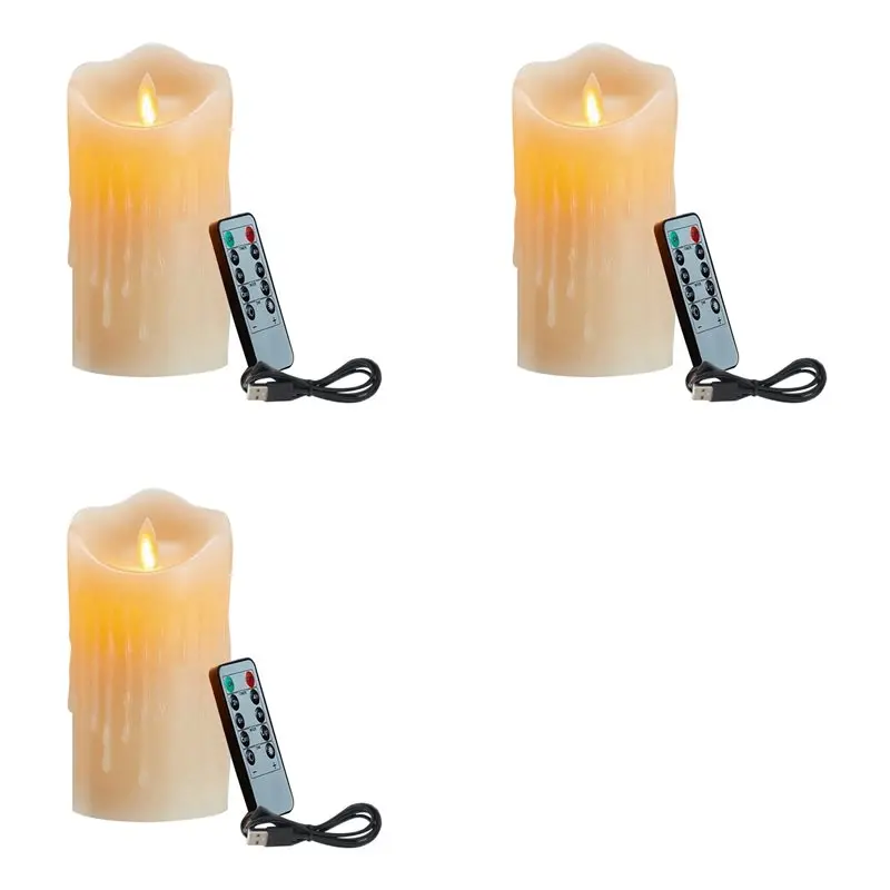 【HAPPY】3X LED Candles, Flickering Flameless Candles,Rechargeable Candle, Real Wax Candles With Remote Control,12.5Cm