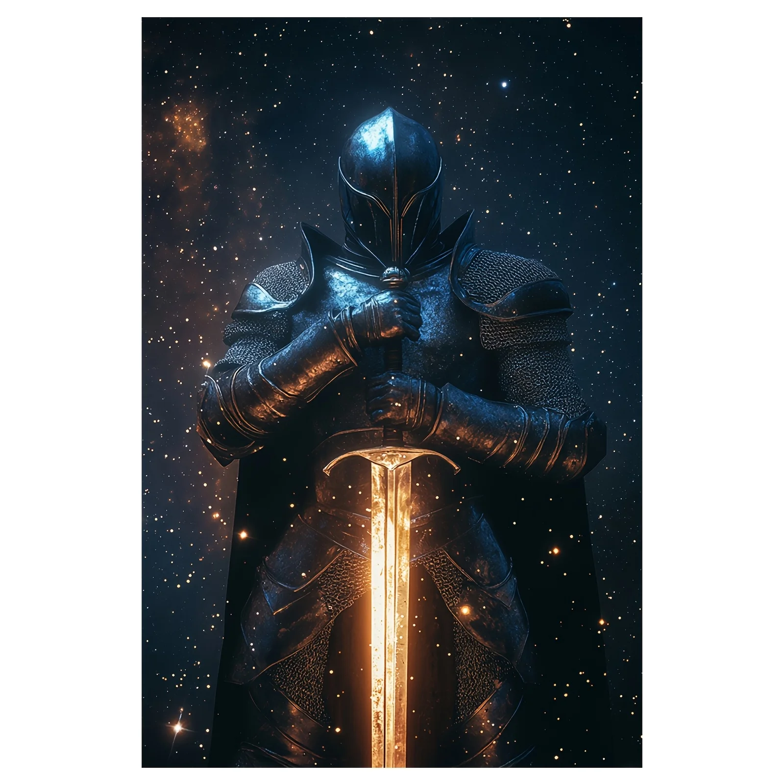 Celestial Knight Canvas Print – Armored Warrior with Glowing Sword, Fantasy Space Art, Frameless , for Home Office Decor