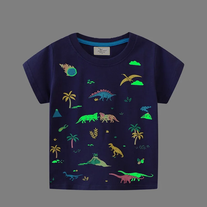 Kids Luminous Cartoon Dinosaur Space T-shirt 2-7 Years 100% Cotton Baby Boys Tees Summer New Short Sleeve Tops Dropshipping