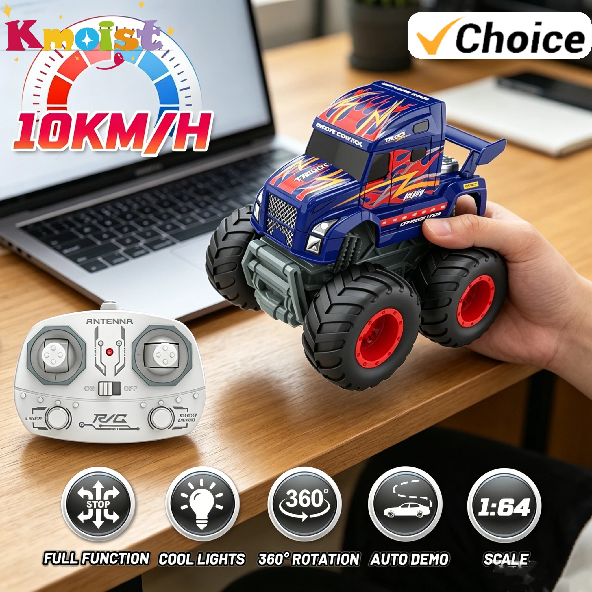 1/64 Remote Control Car Mini Desktop RC Car Toy Long-Topped Large-Wheel Special Effects Truck Toys for Boys Kids Birthday Gifts