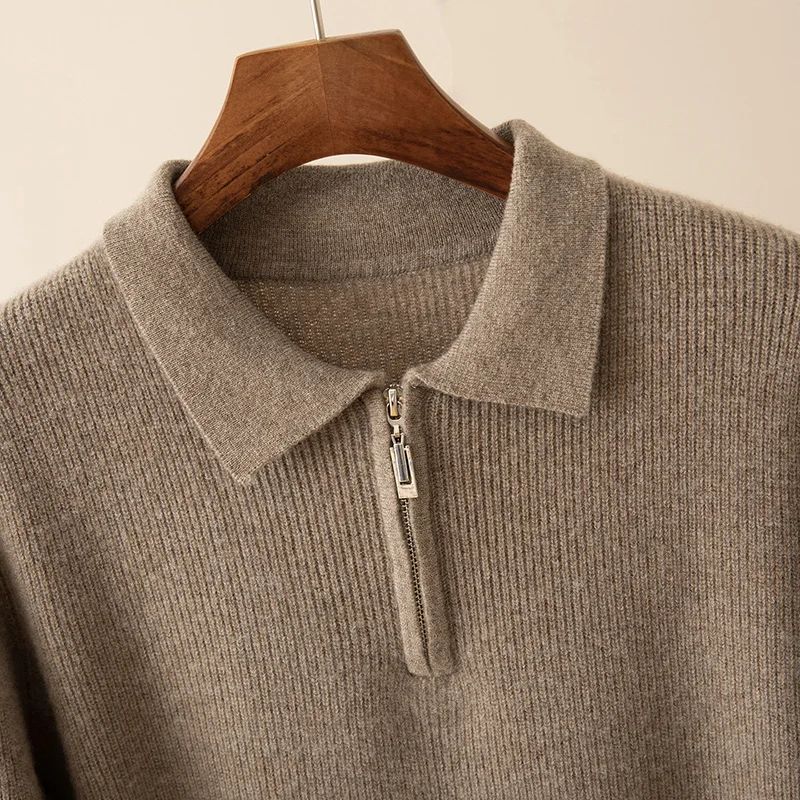 Autumn And Winter New 100% Pure Wool Men's Lapel Knitted Sweater Thickened Warm Bottoming POLO Shirt