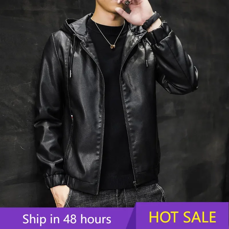 

2025 2025 Jaqueta Masculina Autumn PU Jackets Coats Hoody Men Solid Black Faux Leather For