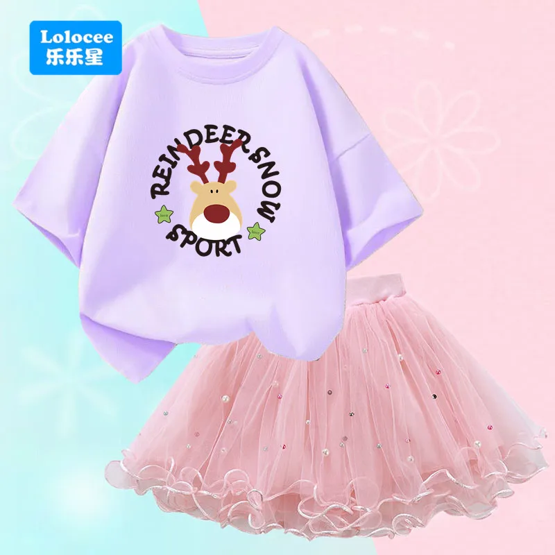 

Lolocee Girls Christmas Outfit -Reindeer Print Summer Top with Tulle Skirt 2pcs Set, Cute Kids Casual Clothing LSDLT1