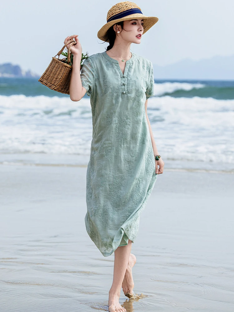 

High Quality Ramie Embroidery Women Cheongsam Dress New Arrival 2026 Summer V-neck Loose Ladies Holiday Long Dresses M2749