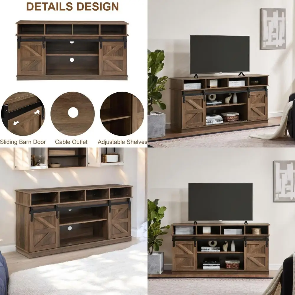 Brown Double-Door Sliding Barn-Style TV Stand with 4 Compartments, Hidden Storage & Cable Management