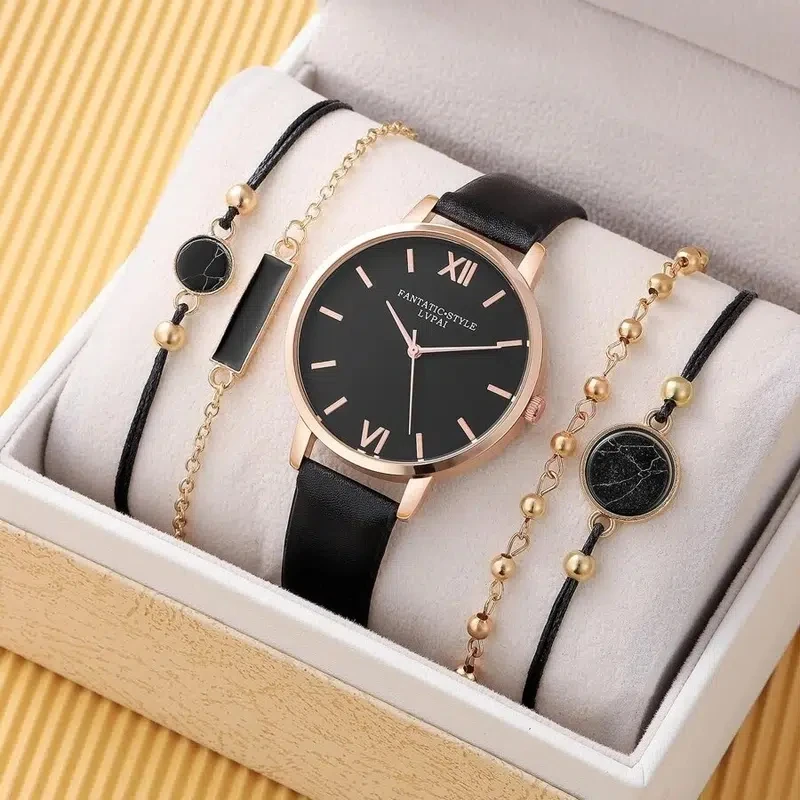 5pcs/set fashion PU leather quartz women casual watch