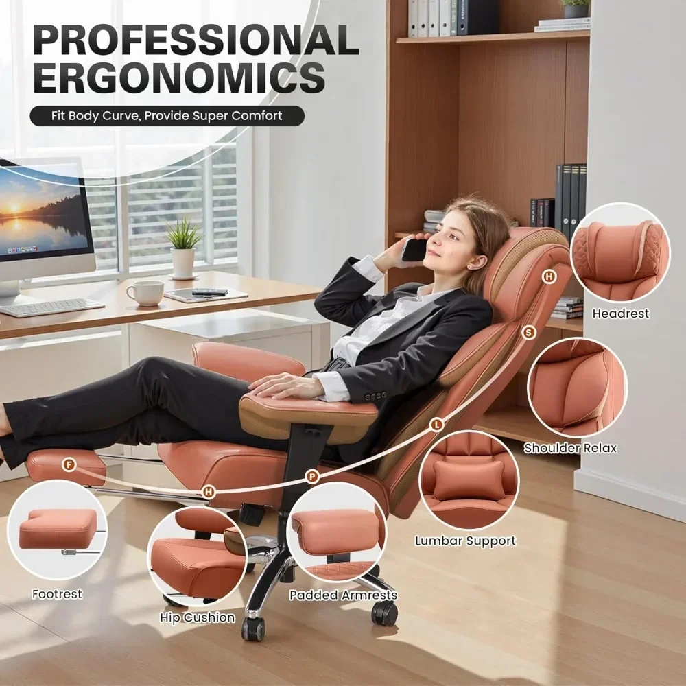 Ergonomic High-Back Leather Gaming Chair with Footrest for Big and Tall Users, Comfortable Executive Office Desk Chair Reclining