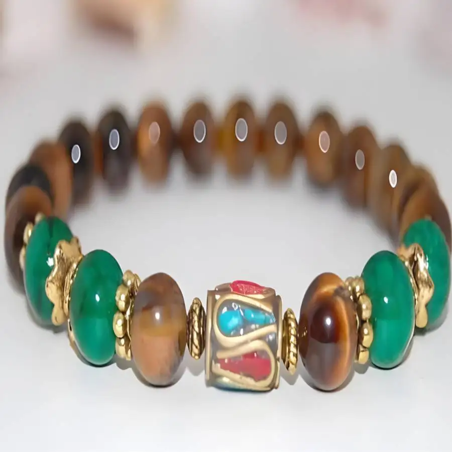 

8 mm natural tiger eye green jade bracelet Nepalese beads zazen Chakra Tibetan Jewelry Healing Prayer Zen Men's Meditation