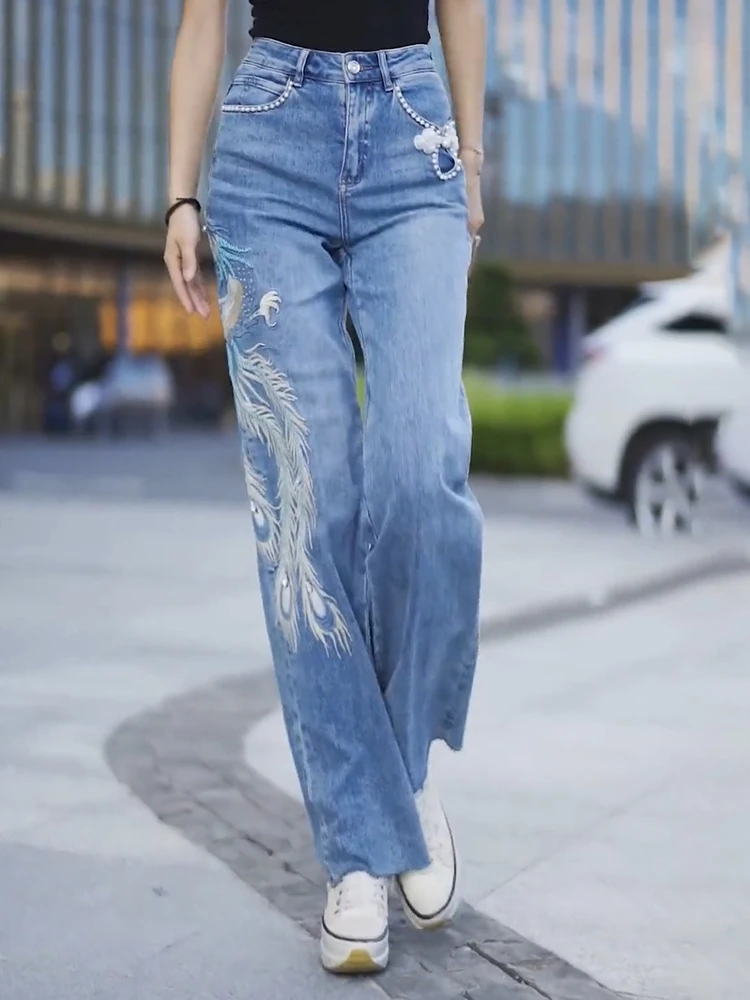 

Модные вышитые широкие джинсовые джинсы с высокой талией, прямые брюки, художественные брюки длиной до пола для женщин