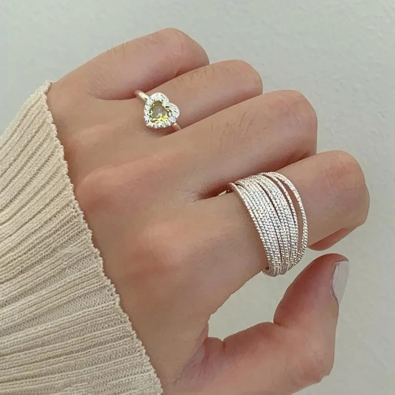 

925 Sterling Silver Rings for Girls Interware Yellow Stone Heart Wedding Engagement Women's Trendy Ring Fine Jewelry Accessories