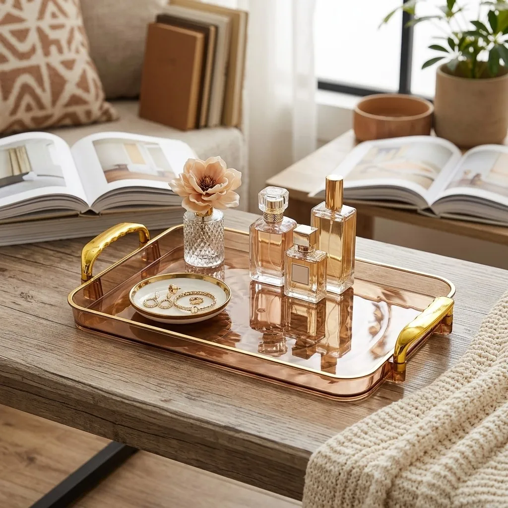 Clear Plastic Serving Tray with Handles Rectangular Kitchen Storage Organizer for Tea Coffee Breakfast Food Perfume Vanity