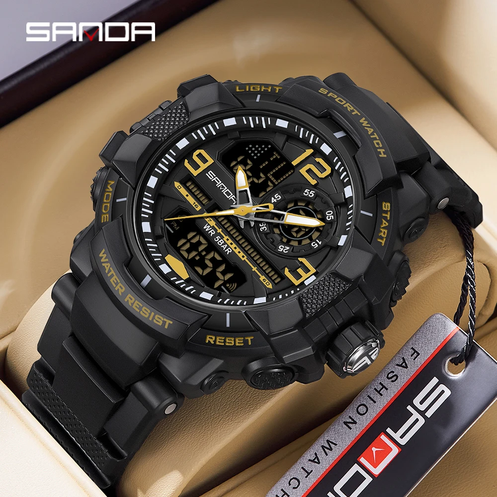 SANDA 6130 Luxury Student Electronic Watch Dual Display Multi Functional Waterproof LED Men's Electronic Clock Watch 2024