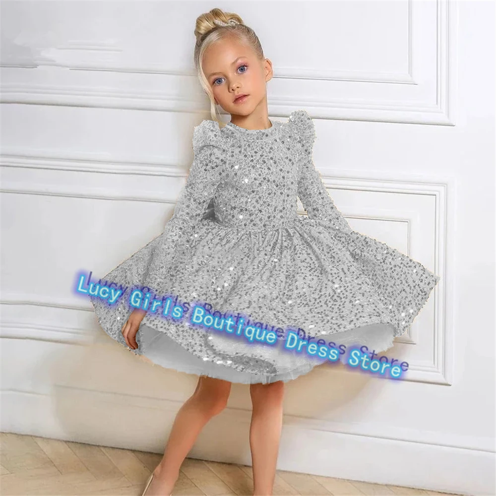 Flower Girl Dress Silver Sequin Luxury Long Sleeves Puffy Kids Girls Pageant Wedding Birthday Gift Party First Communion Gown - AliExpress 320 Flower Girl Dress Silver Sequin Luxury Long Sleeves Puffy Kids Girls Pageant Wedding Birthday Gift Party First Communion Gown - AliExpress 320