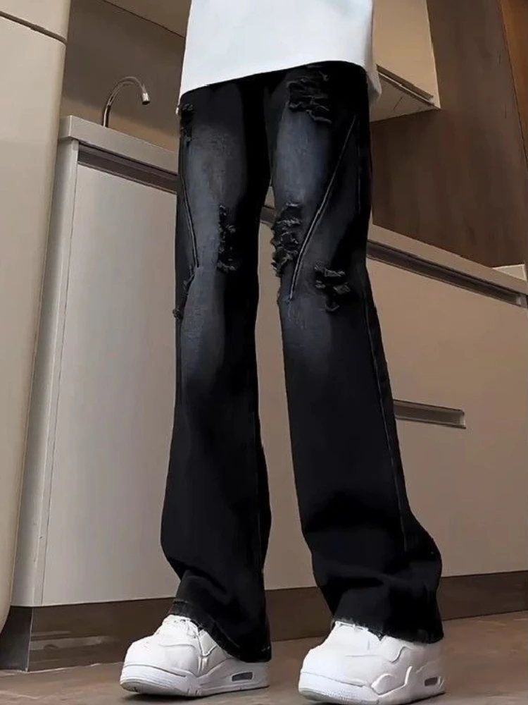 Men's Ripped Jeans Summer Thin American Streetwear Tall Men Extra Long Straight Wide Leg Casual Flare Pants