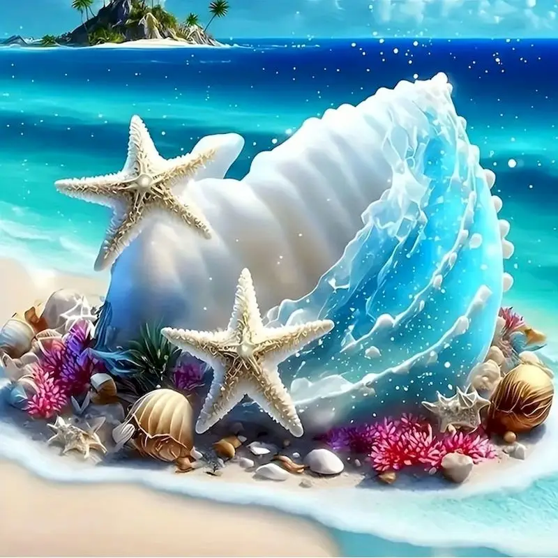 

GATYZTORY Diamond Painting Landscape Seaside Rhinestones Pictures Starfish Shell Mosaic Full Square Round Decor For Home