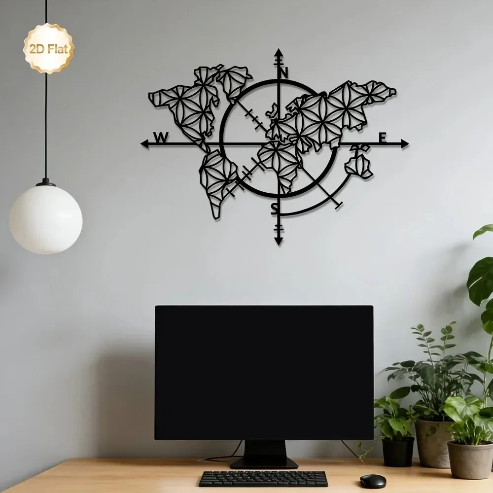 CIFBUY Iron Wall Art Compass World Map Metal Waterproof Sculpture For Home Office Hanging Decor Gift