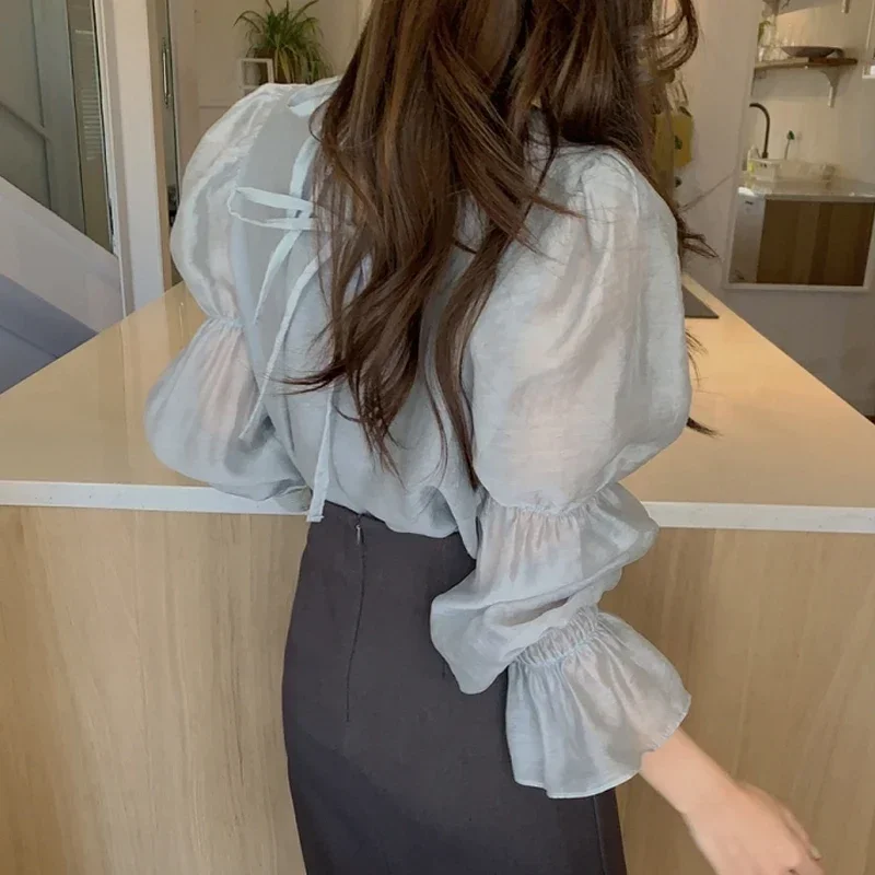 2024 Chic Puff Long Sleeve Blouse Spring Square Collar Women Shirt Fashion Vintage Tops Loose Belt O-Neck Clothes Femme 13549