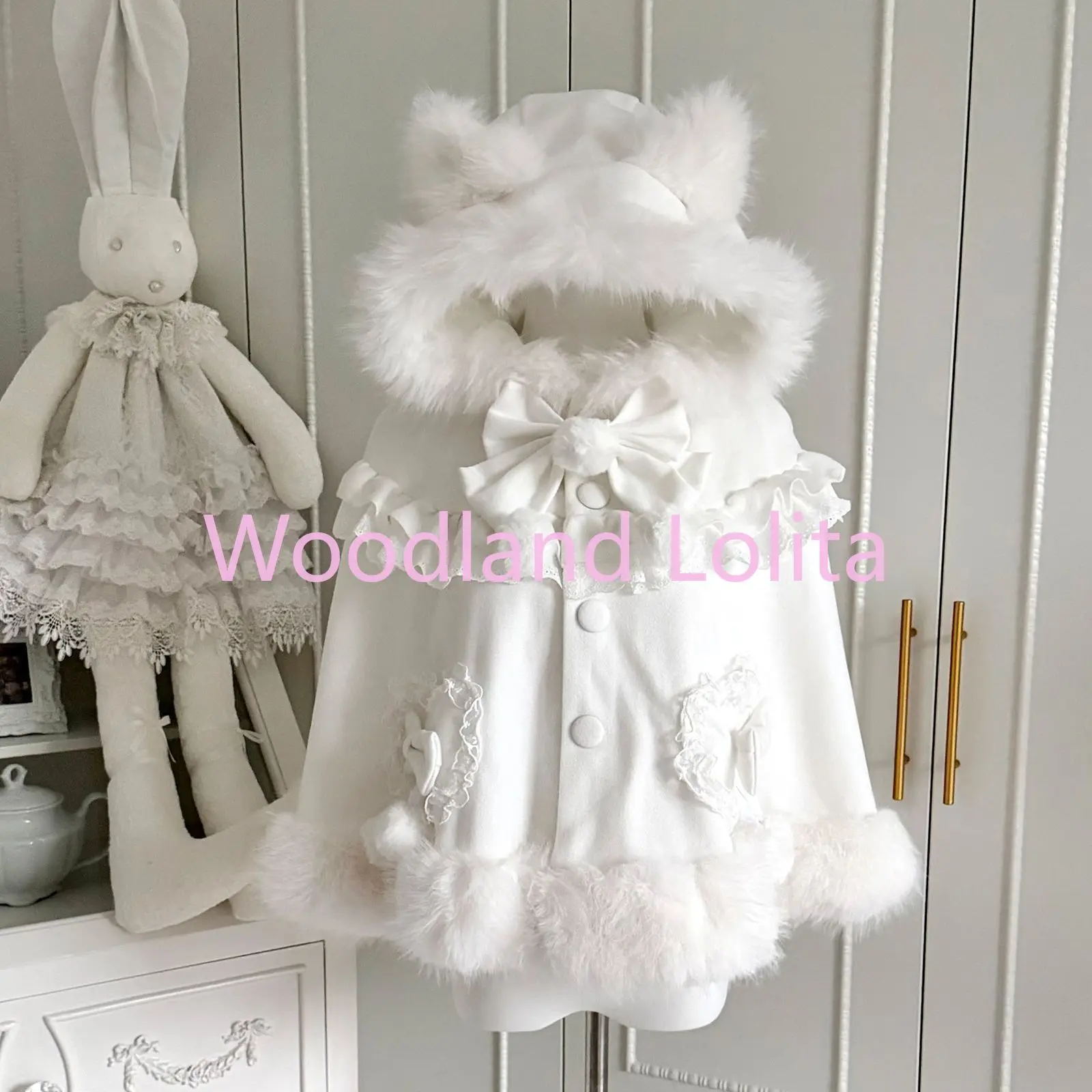 Autumn Winter Japanese Style Casual Coat Shawl Women Cat Ear Fur Collar Warm Cape Sweet Elegant Streetwear Loose Fit Woolen Coat