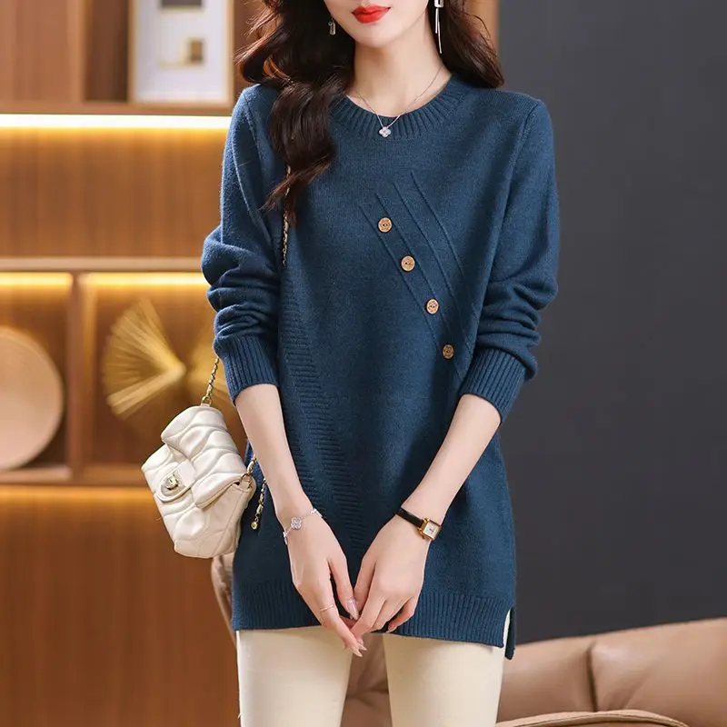 Office Lady Screw Thread Round Neck Lantern Long Sleeve Solid Color Button Sweater Knitted Pullover Women\'s Clothing Tops