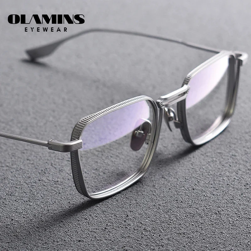 OLAMINS​ Pure Titanium Eye Glasses Frame For Men Square Anti Blue Light Anti Reflection Glasses Brand Designer Spectacles DLX125