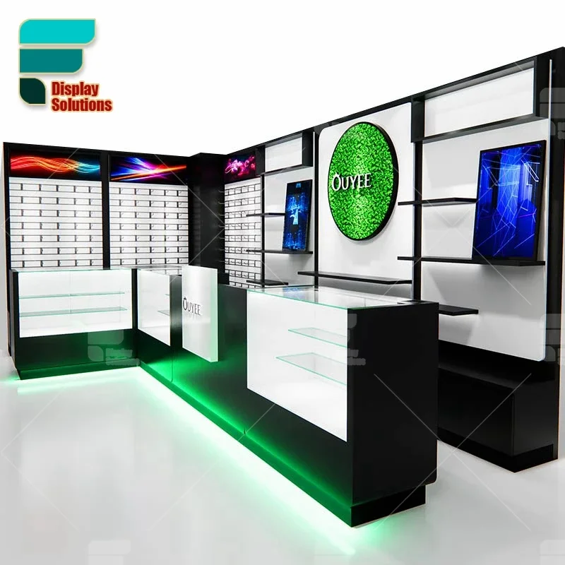 Custom Hookah Shop Display Cabinet Interior Design Salt Wall Black Counter Shelf Smoke Shop Glass Display showcase