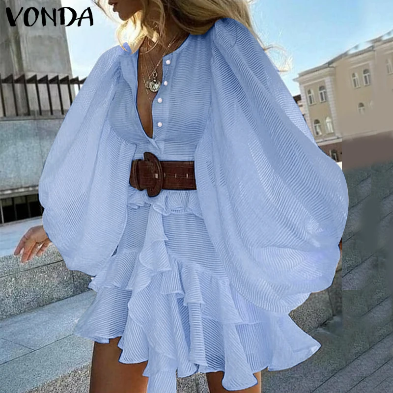 Vestido VONDA com Babados para Mulheres 2026, Vestido Casual de Cor Sólida, Vestido Boêmio com Camadas de Babados, Vestido Solto de Praia com Mangas Lanternas