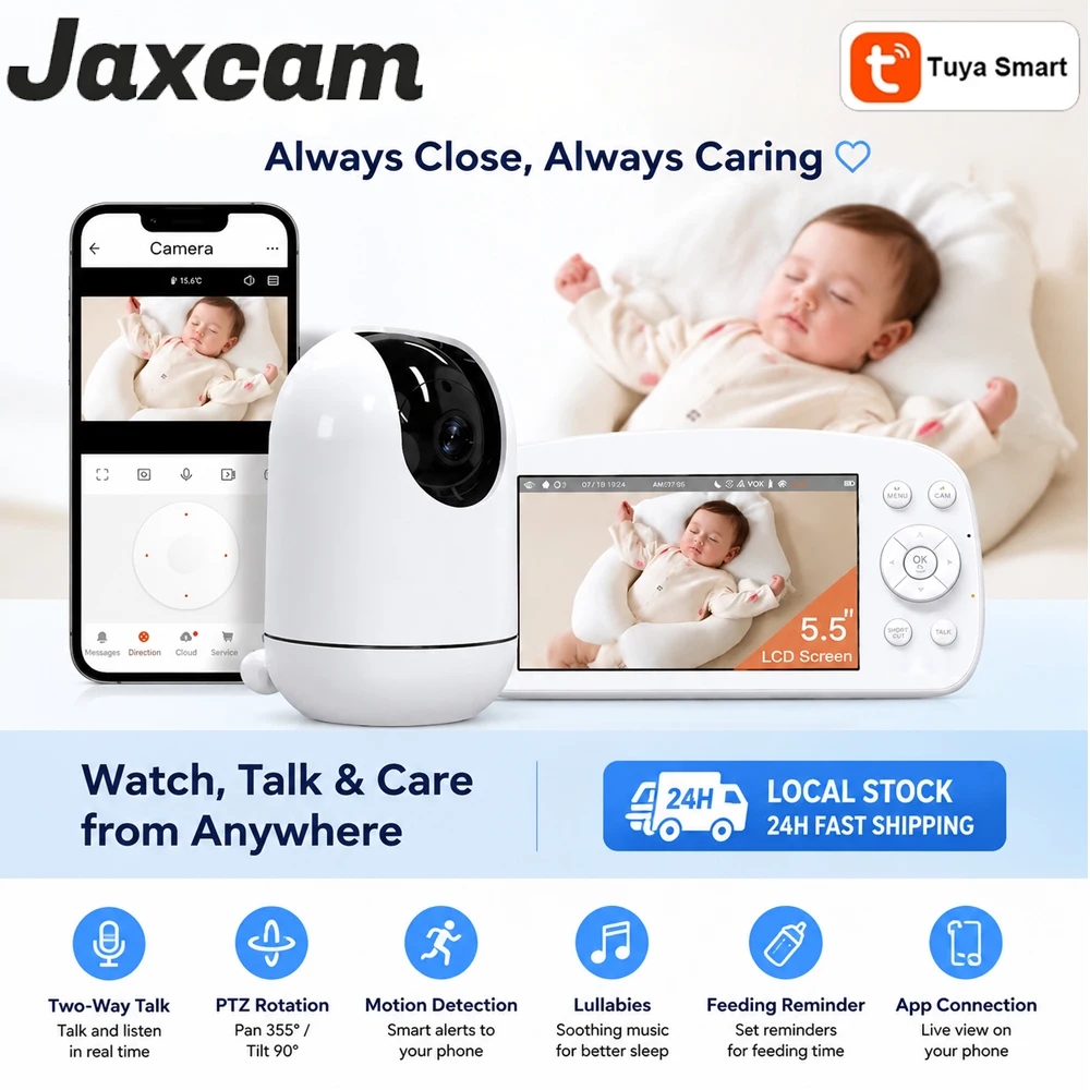 Babyphone WiFi PTZ 5 pouces avec zoom numérique 4X, application Tuya et écran local, double contrôle, audio bidirectionnel, vision nocturne IR, sans fil