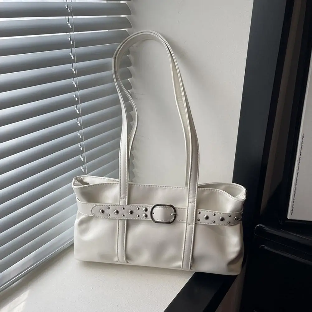Rivet-Gürtelschnalle, Unterarmtasche für Damen, große Kapazität, einfarbig, Schultertasche, Retro-Handtasche für den täglichen Gebrauch. – Detail 18