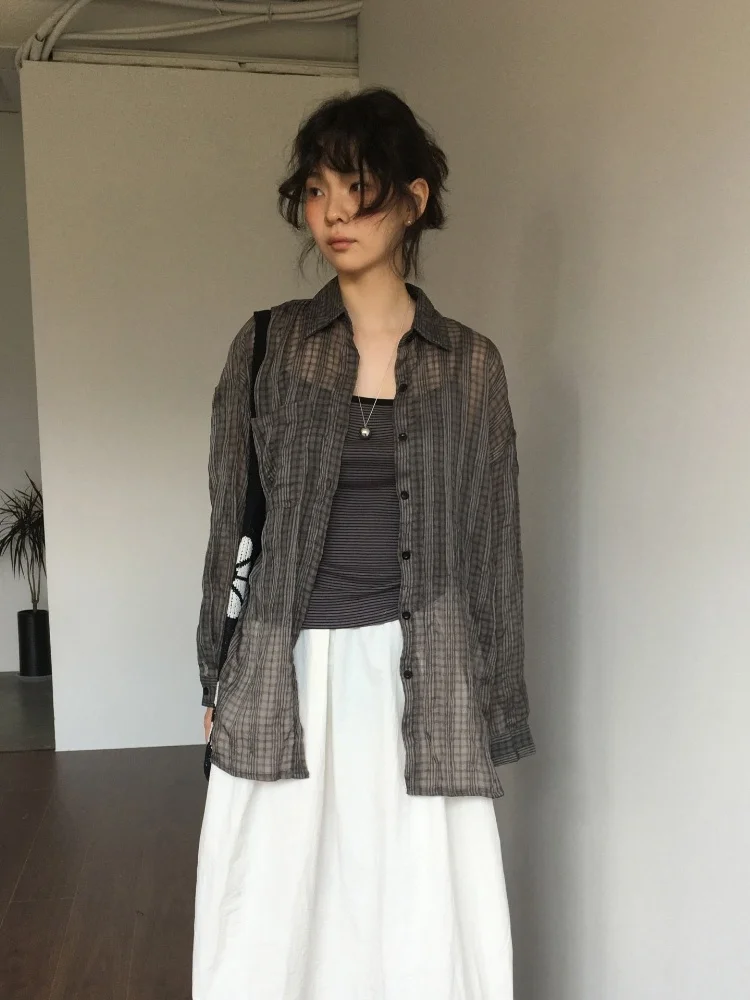 

Ранняя осень, новый сложенный клетчатый тонкий свободный воротник в вертикальную полоску, длинный свеч irt, женский деловой повседневный хлопок, полиэстер