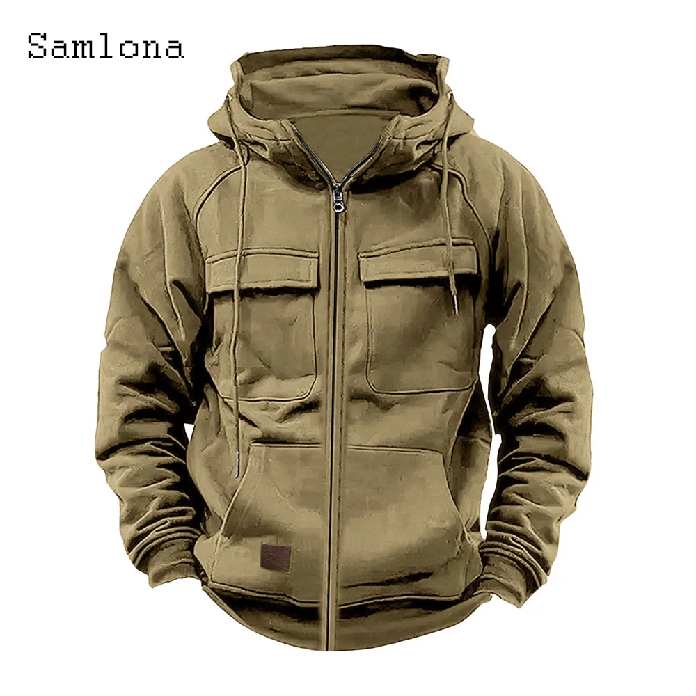 2024 Men Vinatge Zipper Pocket Jackets Long Sleeves Outdoor Basic Jacket Solid Dark Khaki Hooded Coats Men's Cargo Outerwear New