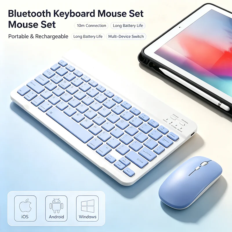Bluetooth Wireless Keyboard and Mouse Combo Portable Mini Rechargeable for iPad Tablet Mobile Phone Android iOS Windows PC