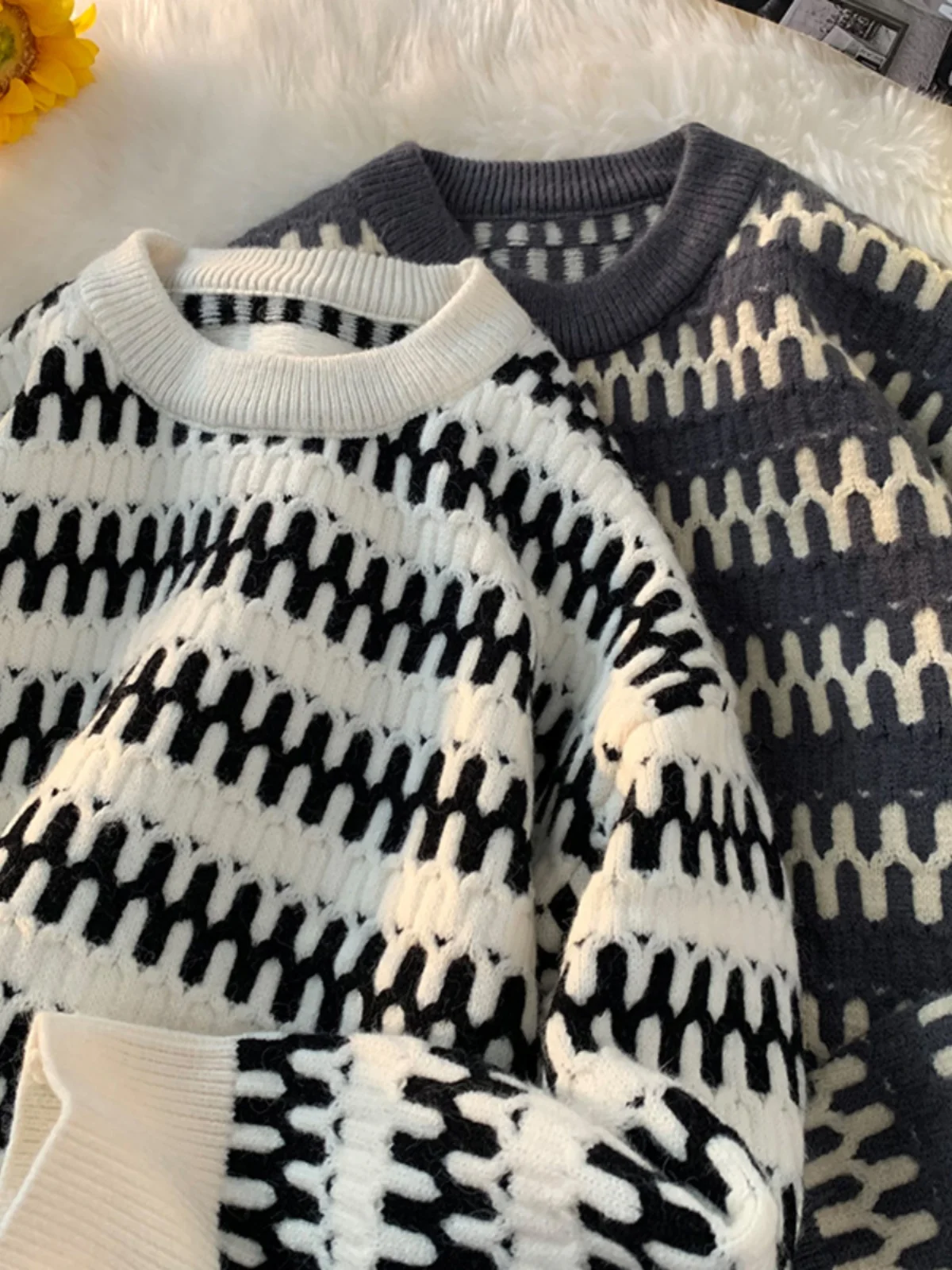 

Удобный свободный мужской вязаный свитер с полосатым узором для весны и осени, модный, повседневный, теплый, с круглым вырезом