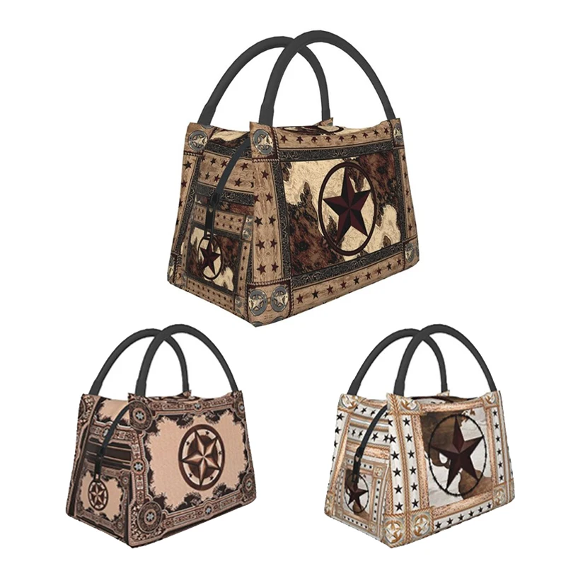 Western Texas Star Insulated Lunch Bags for Outdoor Picnic Vintage Rug Style Portable Cooler Thermal Bento Box Women