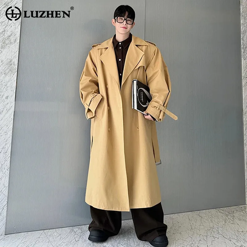 

LUZHEN Men's Windbreaker Thickened Pure Cotton Double Breasted Shoulder Padded Clothing Loose High End Casual Trench Coat LZ6494