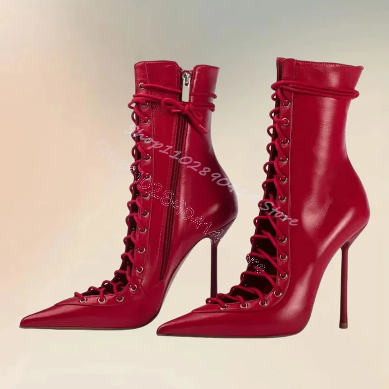 

Burgandy Hollow Design Strappy Pointed Toe Boots Side Zipper Women Shoes Thin High Heels Party Banquet 2024 Zapatos Para Mujere