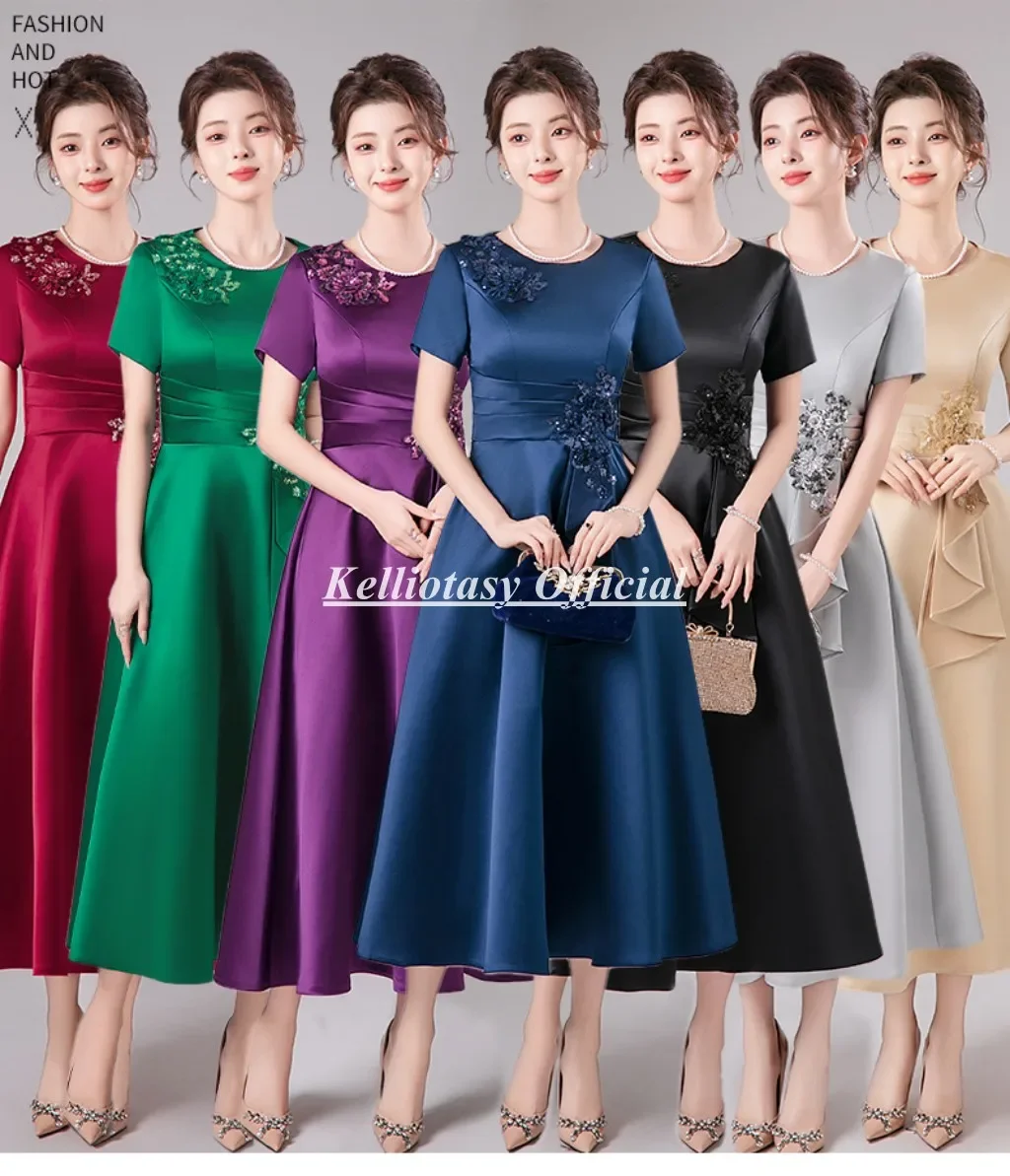 

Customized Satin Mother Of The Bride Dresses Plus Size With Short Sleeves Modest Mother Occasion Party Dress For Weddings YSM156