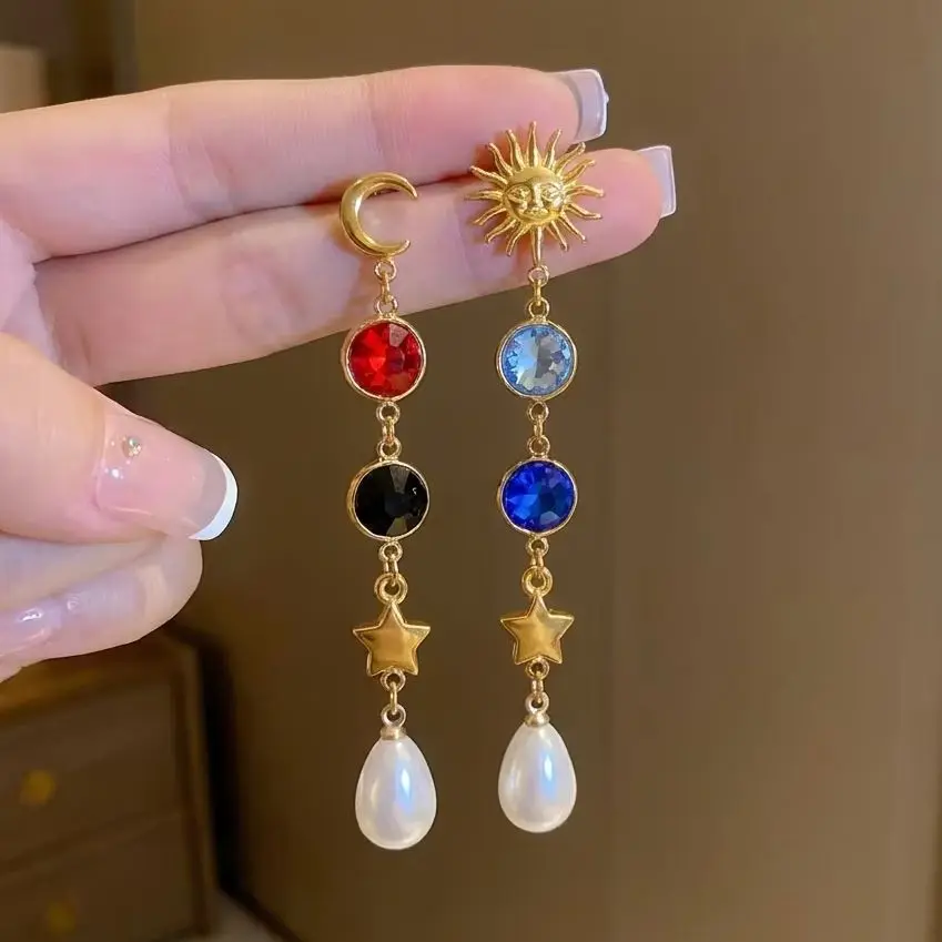 Bunte Zirkon-Sonnen-Mond-Perlen-Ohrringe mit langen Quasten für Damen, Edelstahl-Schleifen-Herz-Stern-Hängeohrringe, Partyschmuck