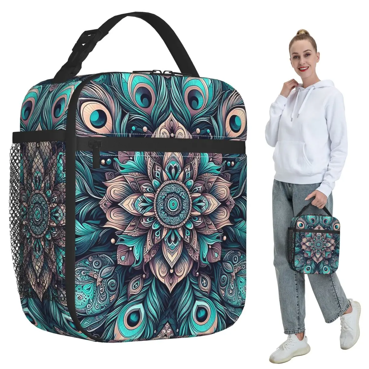 

Peacock Feathers Insulated Lunch Bag for Kids School Cooler Thermal Food Box Tote Portable Lunch Boxes Container