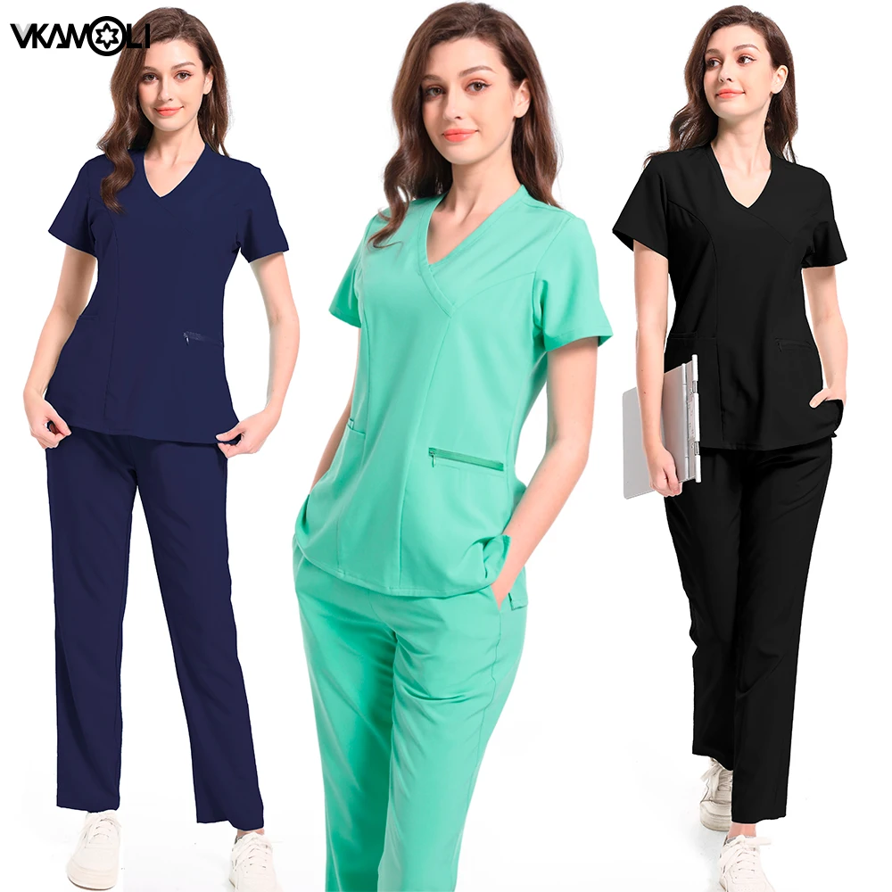 Conjunto de top y Pantalón de tela elástica de secado rápido para mujer, ropa médica, uniformes quirúrgicos, ropa de trabajo para salón de belleza