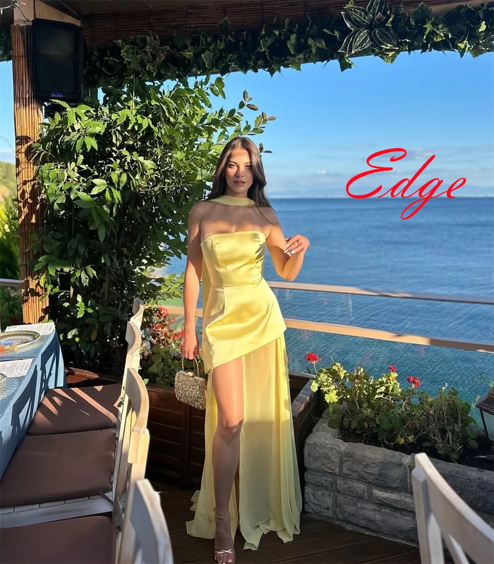 Customized Elegant Yellow Satin Evening Dress High Quality Strapless Ribbon Prom Dress Zipper Back Bespoke Occasion Gowns