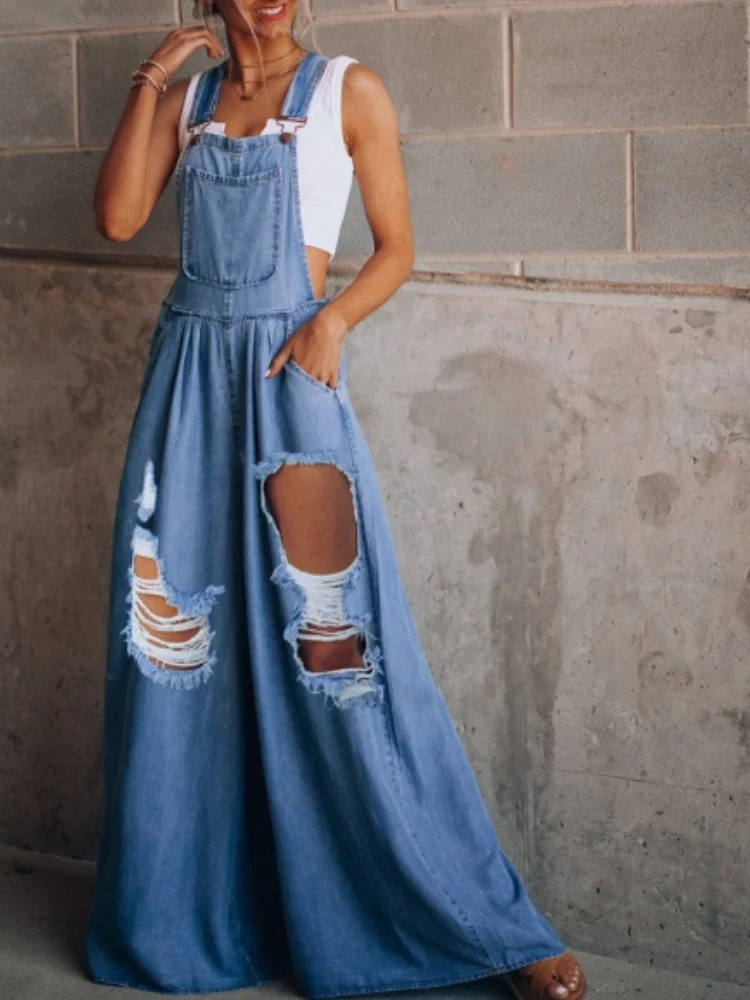 Women Denim Overalls Loose Jumpsuits Wide-leg Summer Female New Pocket High Waist Street Fashion Hole Casual Suspenders