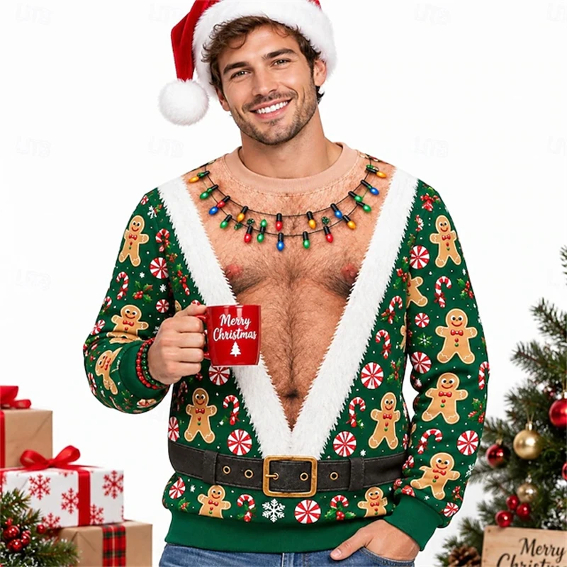 2026 New Men's Novelty Christmas Long-Sleeve Pullover 3D Faux Muscle Festive Print Crew Neck Fun Top for Holiday Parties Cosplay