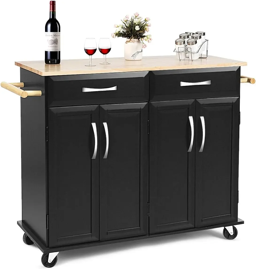 Kitchen Island Cart, Rolling Trolley Cart Utility Cabinet w/Rubber Wood Top, Large Storage Easy-Clean with Smooth Lockable Wheel