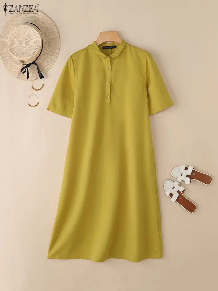 Sukienka damska ZANZEA na lato 2025, elegancka sukienka midi z krótkim rękawem, z kołnierzykiem, w jednolitym kolorze, stylowa sukienka do pracy w stylu OL, codzienna sukienka zapinana na guziki.