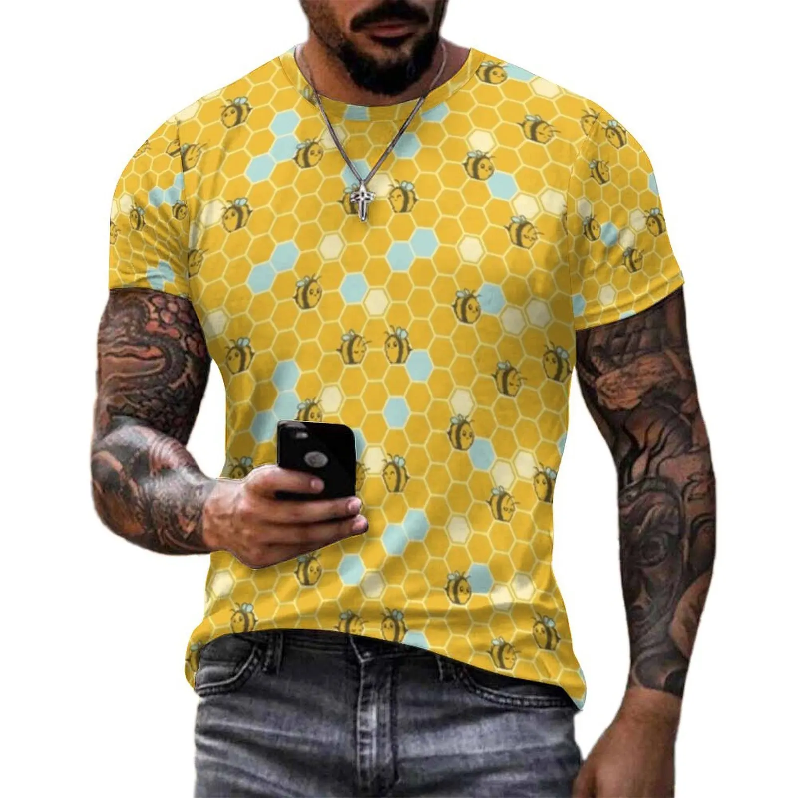Big Size T Shirt Premium Hexagon Bees T Shirts Honeycomb Print Awesome O Neck Tee Shirt Mens Vintage Pattern Top Tees