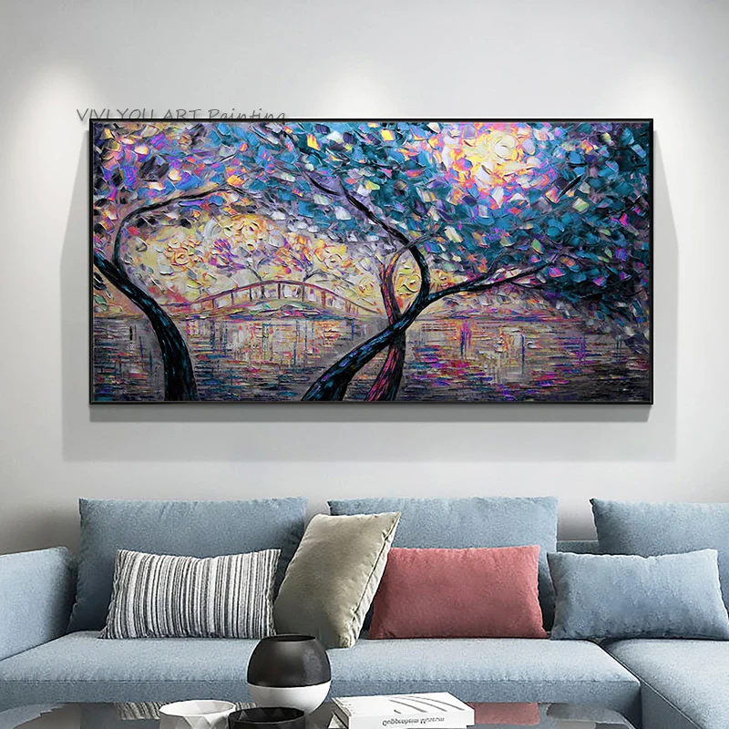 New Handmade Star Night Oil Painting on Canvas Sky Wall Art Large Cool Nature Knife Picture Tree Mural Picture for Living Room