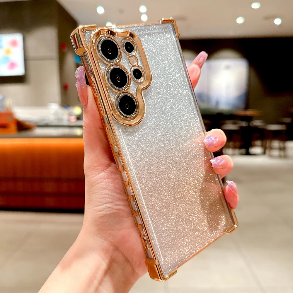

Shockproof Glitter Soft Case For Samsung Galaxy S25 S24 S23 Note 20 Ultra Plus S22Ultra A55 A54 S 25 Clear Cover &Gradient Paper