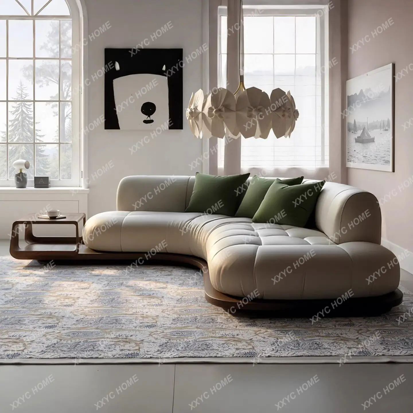 New Chinese-style North American black walnut Italian-style minimalist curved sofa coffee table combination leather