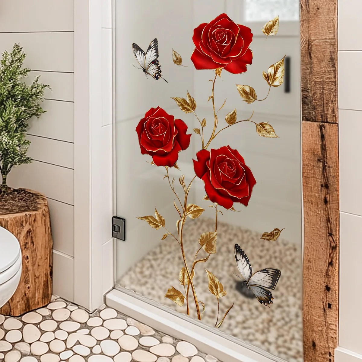 Red rose butterfly glass wall sticker self-adhesive bathroom window decoration sticker